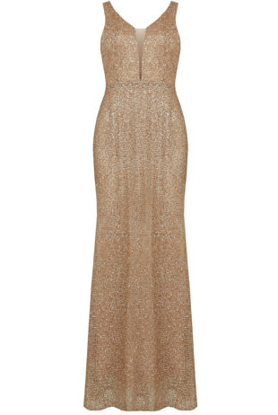 Gold Netted Back Zip Up Glittered Maxi Dress