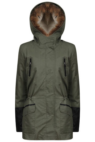 Khaki PVC Sleeves Fur Lined Parka