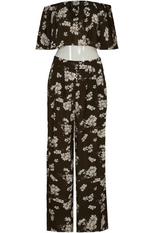 Khaki Floral Print Palazzo trouser