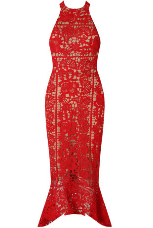 Red Contrast Crochet Midi Dress With Fishtail Hem
