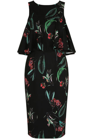  Black Frilled Floral Printed Midi Dress