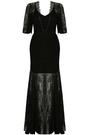 Floral Lace Crochet Back Tie Up Maxi Dress in Black