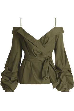 Wrap Blouse With Puff Sleeve In Khaki