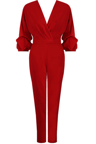 Red Plunge Neck Crossover Jumpsuit