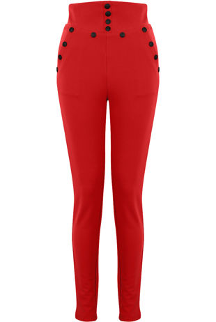 Red High Waist Button Trim Trousers