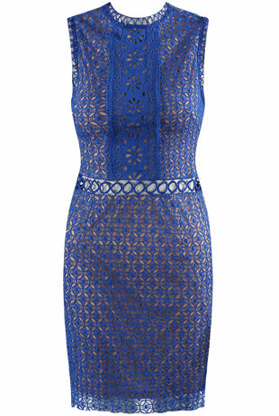 Lace Overlay Lined Midi Dress in Blue