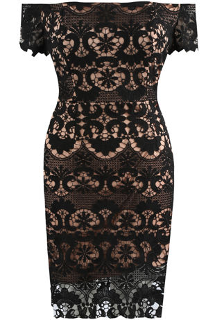 Black Bardot Contrast Crochet Mini Dress