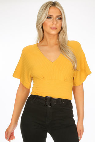 Ribbed Wide Sleeve Crop Top in Mustard 