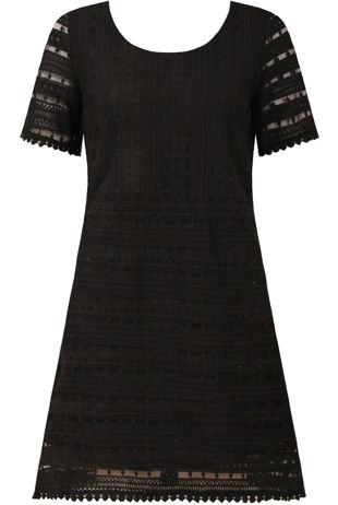 Black Crochet Short Sleeved Lace Shift Dress