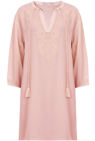 Pink Embroidered 3/4 Sleeve Tie Up Shift Dress 