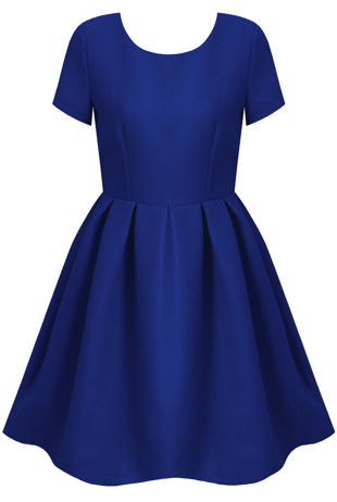 Royal Blue Pleated Back Zip Up Short Sleeved Flared Dress