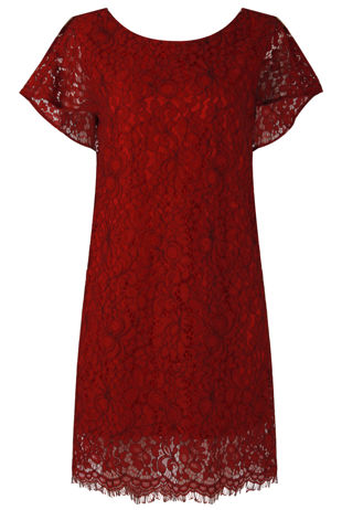 Wine Floral Lace Lined Shift Dress
