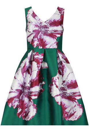Green Contrast Floral Print Asymmetric Prom Dress