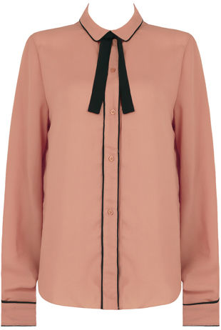 Pink Contrast Neck Tie Up Shirt Tops