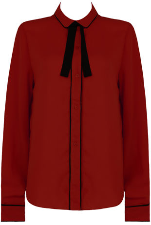 Burgundy Contrast Neck Tie Up Shirt Tops