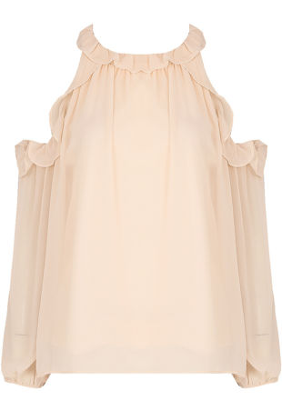Cream Cold Shoulder Frilled Crop Tops