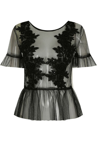 Black Floral Crochet Pearl Netted Tops