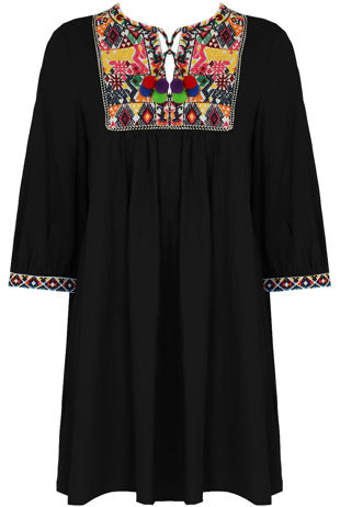 Black Embroidery Fringed Shift Dress