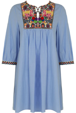 Blue Embroidery Fringed Shift Dress