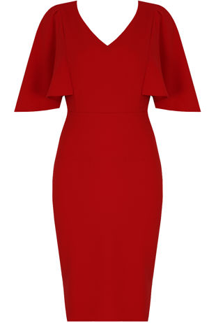 Wing Sleeve Back Slit Midi Dress in Red