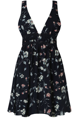 Contrast Floral Back Zip Up Shift Dress in Navy