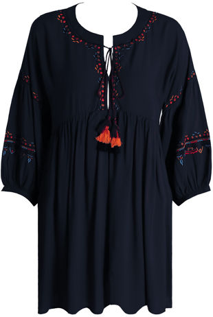 Embroidery Front Tie Up Shift Dress in Navy