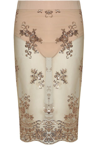 Sheer Mesh Midi Skirt With Sequin Detail In Rose 
