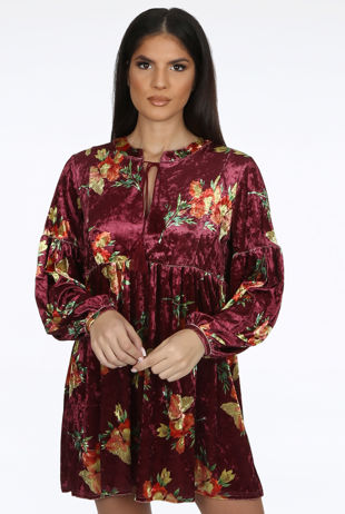 Floral Velvet Smock Dress In Burgundy