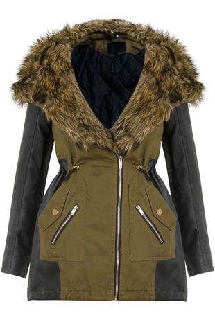 Khaki Green PVC Side Panels Fur Hood Parka
