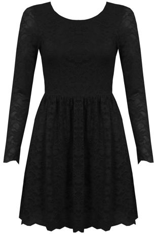 Black Lace Backless Long Sleeved Flared Dress