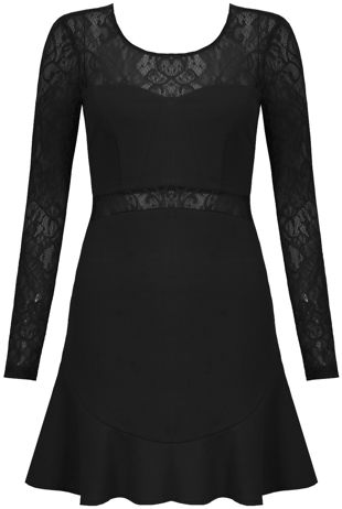 Black Lace & Crepe Frill Hem Dress