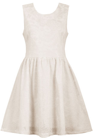 White Floral Textured Back Zip Up Flared Dress 