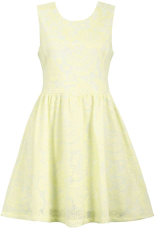 Yellow Floral Textured Back Zip Up Flared Dress 