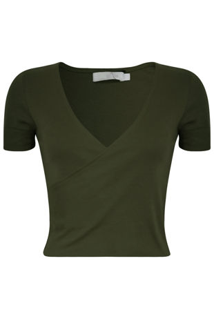 Khaki Basic Wrap Front Crop To