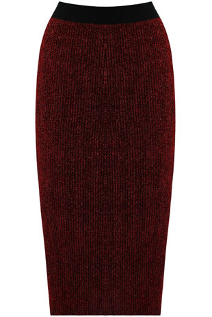 Wine Stretch Lurex Ribbed Midi Skirt