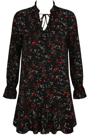 Black Floral Lace Up Shift Dress 