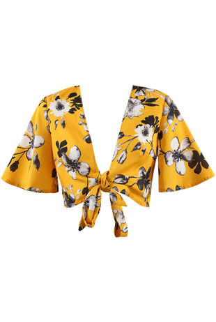Yellow Floral Printed Tie Up Crop Top