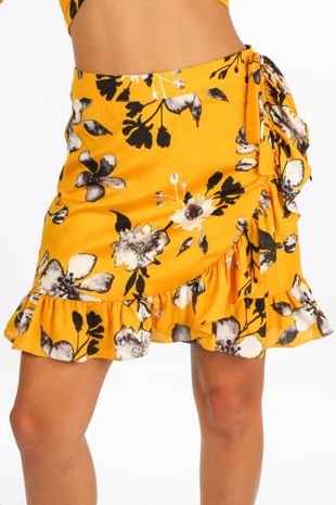 Yellow Floral Print Wrap Look Skirt
