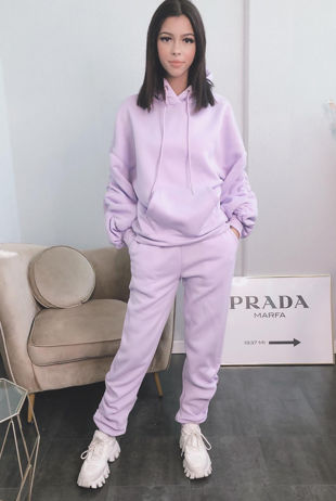 Lilac Ruched Sleeve Hoodie & Ruched Joggers Set