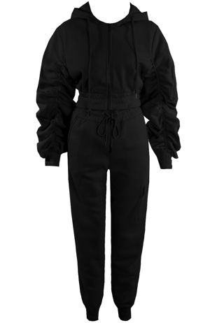 Black Ruched Cropped Cargo Hoodie And Joggers Set