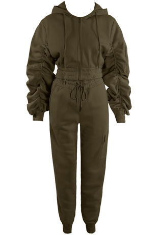 Khaki Ruched Cropped Cargo Hoodie And Joggers Set