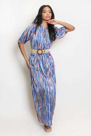 Blue Striped Print Maxi Smock Dress