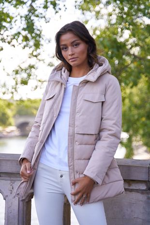 Tiered Hooded Puffer Coat in Beige