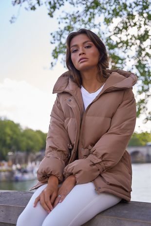 Cargo Pockets Puffer Jacket in Camel