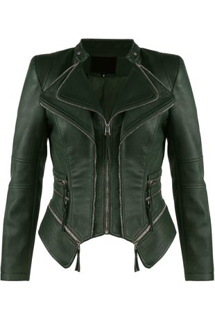 Green PU Double Collar Silver Zip Up Jacket