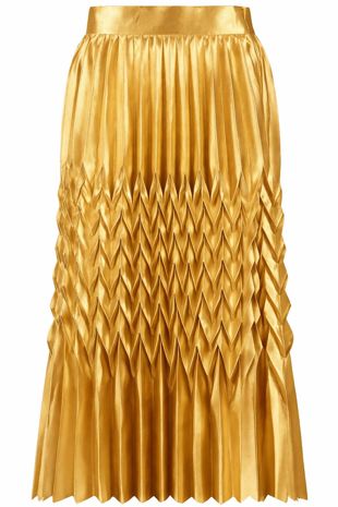 Gold Satin Chevron Pleated Maxi Skirt