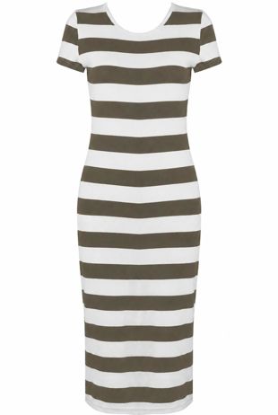 Khaki Stripe Short Sleeves Midi Dress