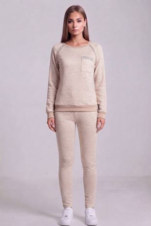 Beige Knitted Stud & Zip Detail Top & Pant Set