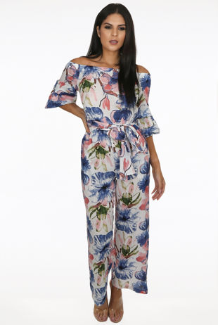 Contrast Floral Print Off Shoulder Jumpsuit