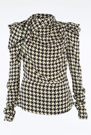 Beige Dogtooth Structured Blouse With Neck Tie